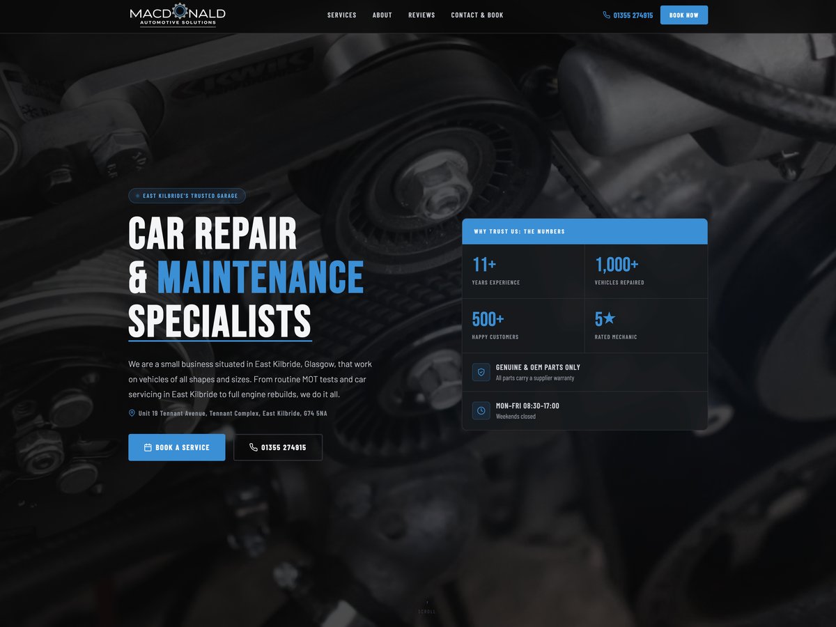 Macdonald Automotive Solutions website designed by CommuniCopy, showing the car repair and maintenance homepage with trust statistics