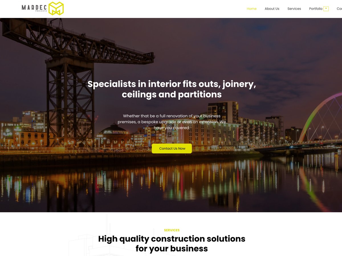 Mardec Projects website designed by CommuniCopy, showing the interior fit-out and joinery specialists homepage