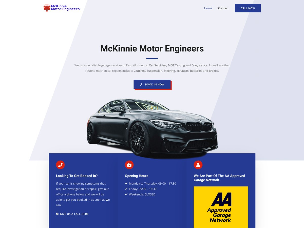 McKinnie Motors website designed by CommuniCopy, showing the McKinnie Motor Engineers homepage