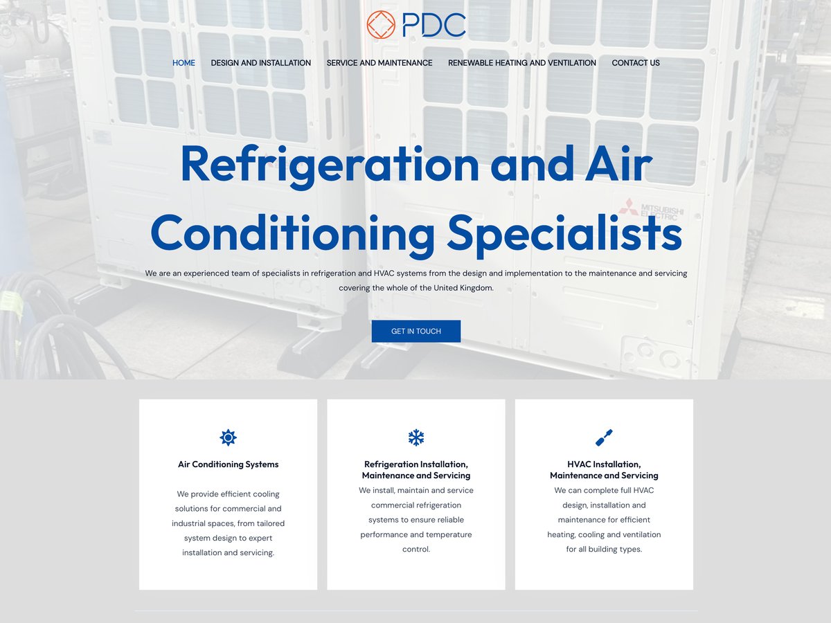 PDC Refrigeration website designed by CommuniCopy, showing the refrigeration and air conditioning specialists homepage